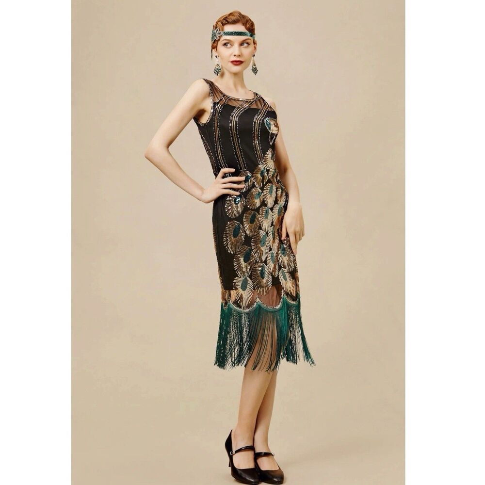 BABEYOND 1920s Peacock Scooped Neck Dress Women Size XXXL Sequin Tassel Flapper